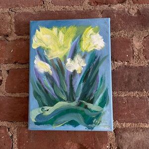 Vibrant Blue & Yellow Abstract Floral Canvas - Original